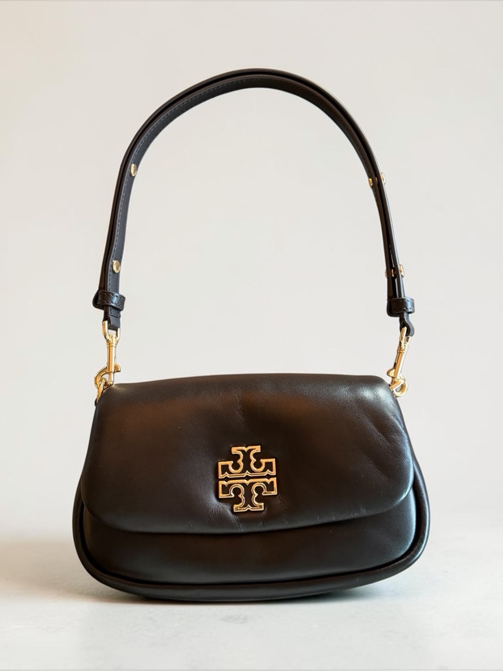 Tory Burch Black Leather Shoulder Bag with Gold Logo